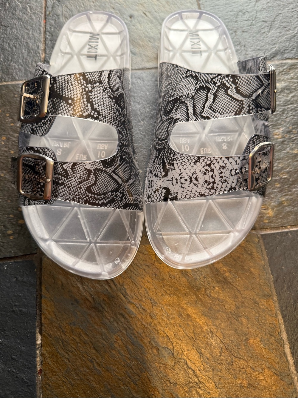 Mixit Clear Footbed Snake-Print Double Buckle Sandals - Black & White